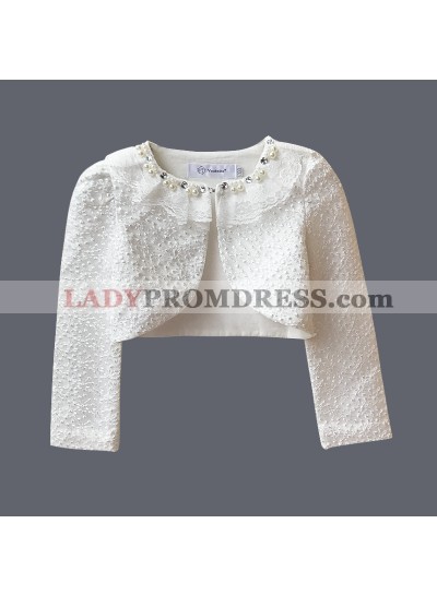 New Arrival White Lace Long Sleeves Pearls First Communion Wrap For Girls