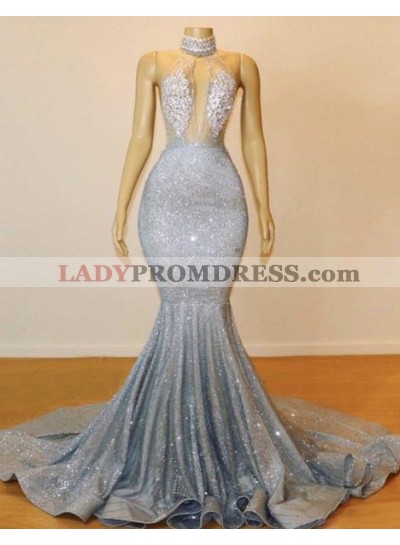 2023 High Neck Silver Backless Sexy Mermaid Prom Dresses
