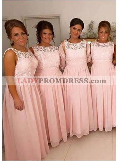 2023 Cheap A Line Pink Chiffon Bateau Lace Long Bridesmaid Dresses / Gowns