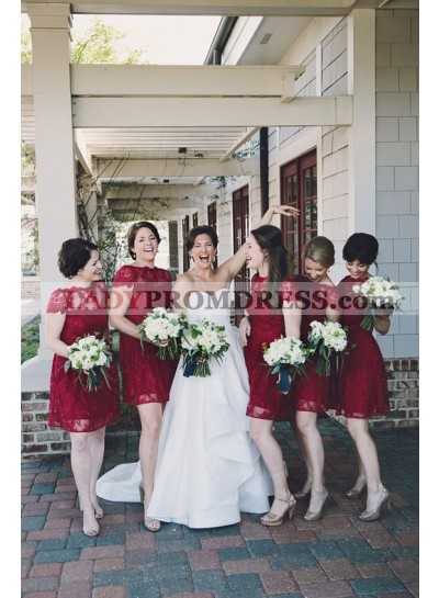 2023 New Arrival A Line Burgundy Lace Knee Length Cheap Bridesmaid Dresses / Gowns