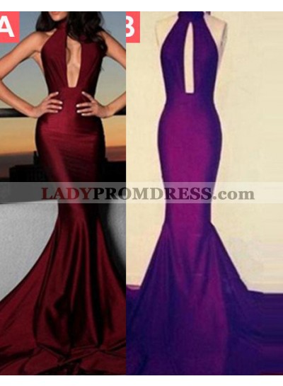 Floor-Length/Long Halter Mermaid/Trumpet Taffeta Burgundy Prom Dresses