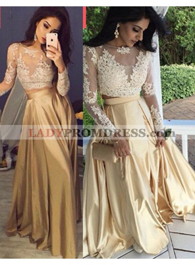 Long Sleeve Appliques Two Pieces A-Line/Princess Satin Prom Dresses