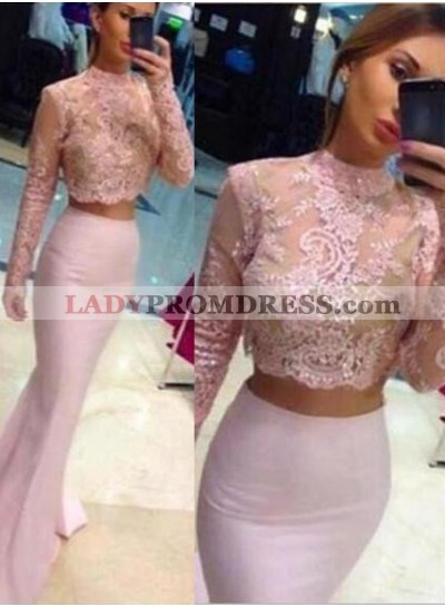 Beading Appliques Stretch Satin Two Pieces 2023 Glamorous Pink Long Sleeve Prom Dresses