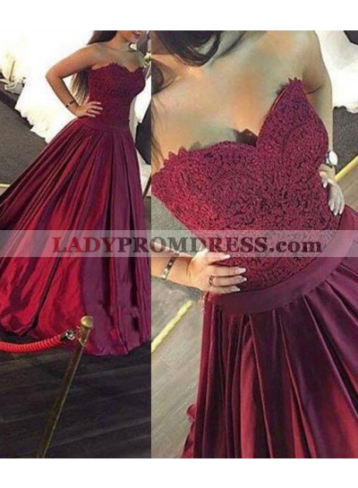 Burgundy Pleated Sweetheart A-Line/Princess Lace Prom Dresses