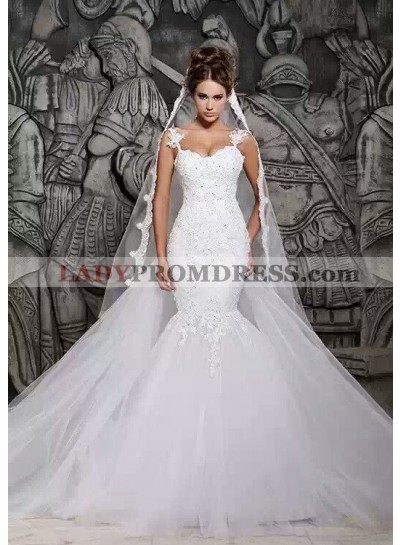Tulle Mermaid Applique Sweetheart Sweep Train Wedding Bridal Gowns / Dresses