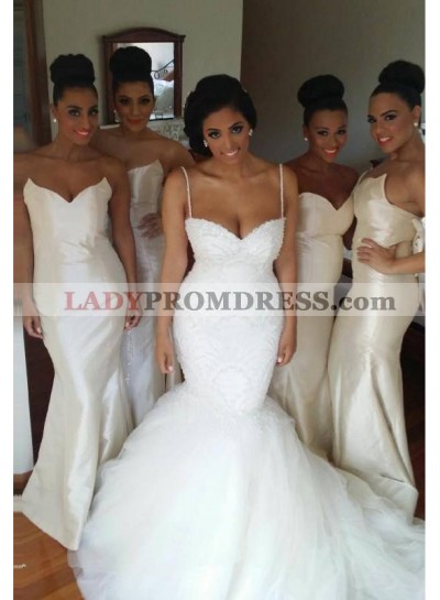 2023 Elegant Mermaid White Satin Strapless Long Bridesmaid Dresses / Gowns