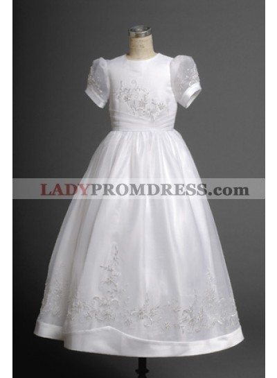 2023 Lovely White Short Sleeves Round Applique Scoop Neck Actual Fist Communion Dress  / Flower Girls Dresses