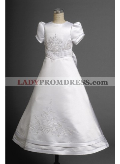 Refined White Satin Short Sleeves Scoop Neck Short Sleeves A-line Floor Length First Communion Dresses 