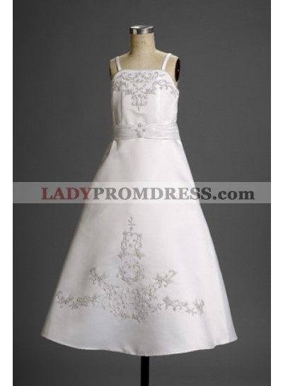 Lovely White Embroider Satin Spaghetti Straps A-line Floor Length First Communion Dresses