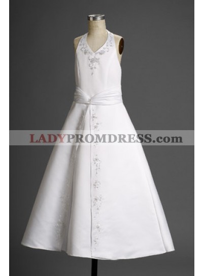 Stunning A-line Satin Halter Applique Floor Length  2023 First Communion Dresses / Flower Girl Dresses