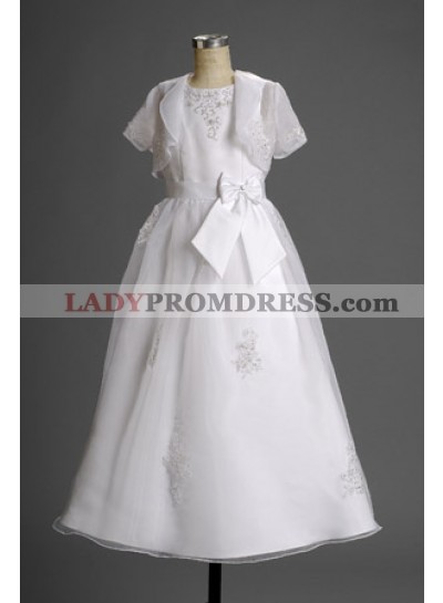 2023 Vogue Fashion Latest Short Sleeves Applique Floor Length Flower Dress  / First Communion Dresses