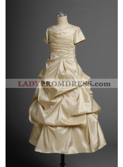 2023 Glamorous Champagne Short Sleeves Taffeta A-line Pleated Floor Length First Communion Dresses