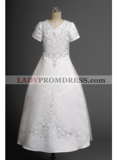 Cute Hottest V-neck A-line Short Sleeves Satin Actual First Communion Dresses 
