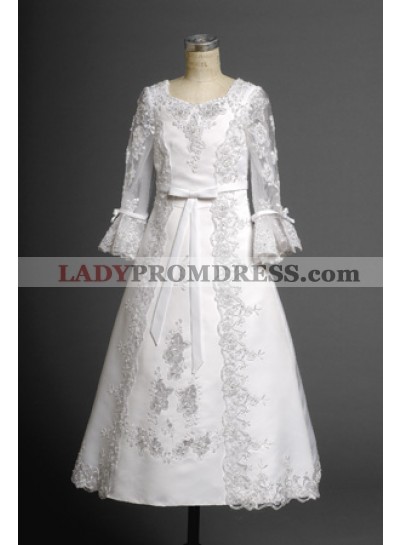 Luxurious White Long Sleeves Lace Applique Long Actual First Communion Dresses 