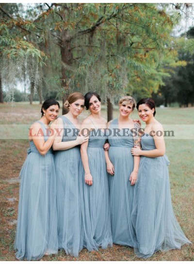 2023 A Line Tulle One Shoulder Blue Bridesmaid Dresses