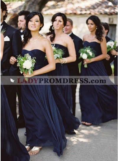 2023 Cheap A Line Dark Navy Chiffon Strapless Long Bridesmaid Dresses / Gowns