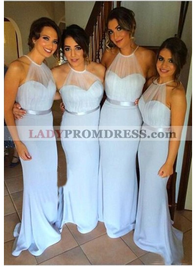 2023 Charming Mermaid Light Sky Blue Halter Satin Long Bridesmaid Dresses / Gowns