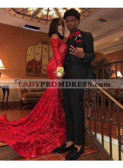 Red Off the Shoulder Long Sleeves Mermaid Sequin African Prom Dresses