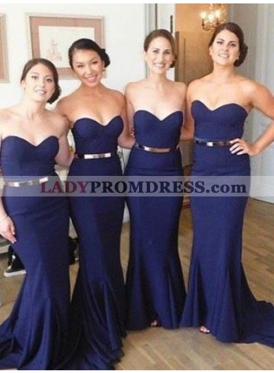 2023 Cheap Mermaid Dark Navy Sweetheart With Belt Long Bridesmaid Dresses / Gowns