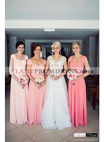 2023 Cheap A Line Water Melon Chiffon With Capped Sleeves Long Bridesmaid Dresses / Gowns