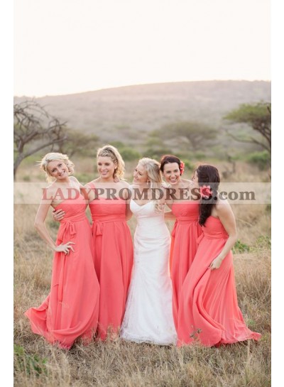 2023 Cheap A Line Water Melon Chiffon Strapless Long Bridesmaid Dresses / Gowns