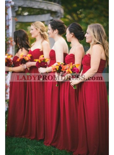 2023 Cheap A Line Red Strapless Long Chiffon Bridesmaid Dresses / Gowns
