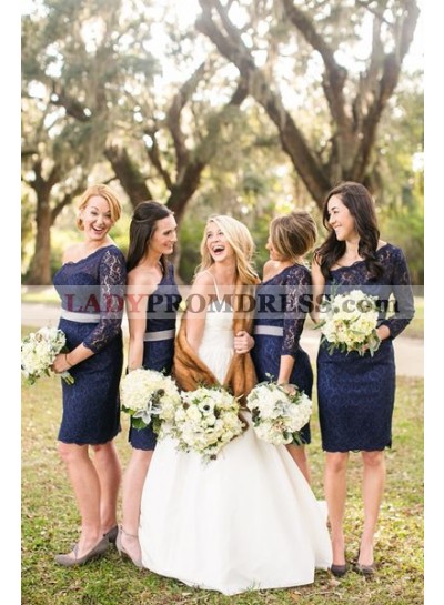2023 Cheap A Line One Shoulder Dark Navy Lace Knee Length Bridesmaid Dresses / Gowns
