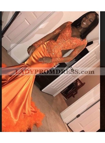 2023 Sexy Long Sleeve V-neck Satin Mermaid Prom Dresses