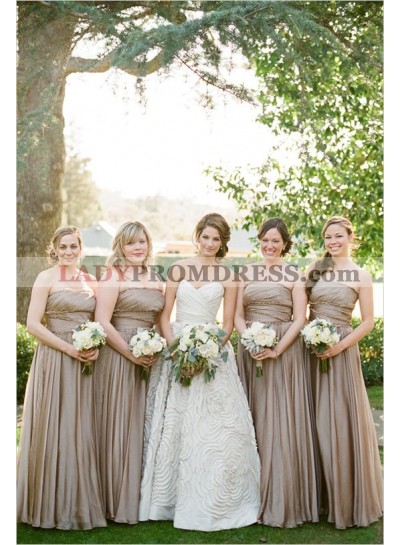 2023 Cheap A Line Chocolate Strapless Chiffon Long Bridesmaid Dresses / Gowns
