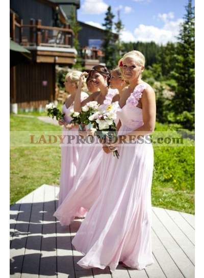 2023 Cheap A Line One Shoulder Floral Chiffon Pink Long Bridesmaid Dresses / Gowns