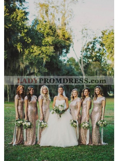2023 New Arrival Tight Sequins Gold Short Sleeves Long Bridesmaid Dresses / Gowns