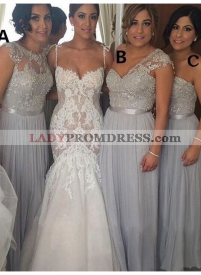 2022 Cheap A Line Silver Chiffon Beaded Long Bridesmaid Dresses / Gowns