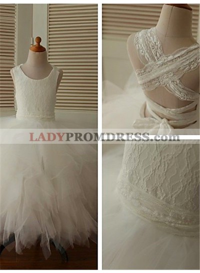 Ball Gown Scoop Sleeveless Lace Floor-Length Organza First Communion Dresses / Flower Girl Dresses