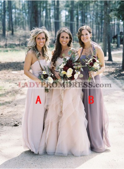 2023 New Arrival Purple A Line Strapless Chiffon Long Bridesmaid Dresses / Gowns
