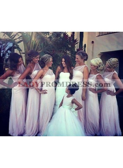2023 Cheap A Line One Shoulder Pearl Pink Tulle Long Bridesmaid Dresses / Gowns