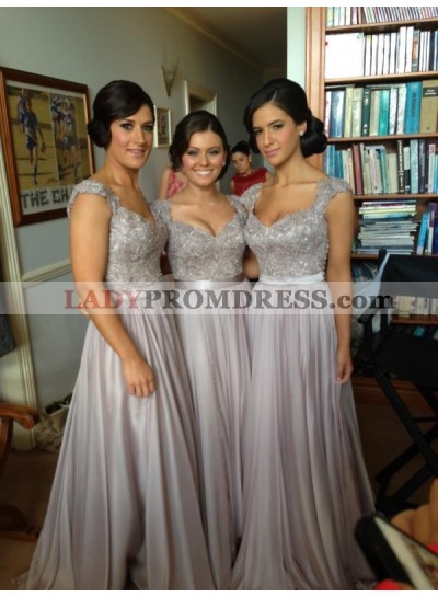 2023 Cheap A Line Gray Satin Beaded Long Bridesmaid Dresses / Gowns