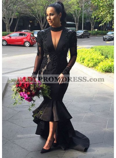 2023 Junoesque Black Puffy High-low Sheer Sleeves Mermaid/Trumpet Prom Dresses