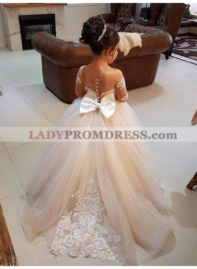 Ball Gown Long Sleeves Off-the-Shoulder Sweep/Brush Train Applique Tulle First Communion Dresses / Flower Girl Dresses