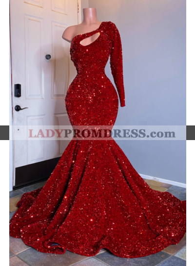 One Shoulder Red Mermaid Sequins Prom Dresses 2023