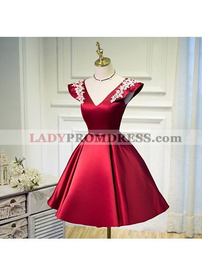 A Line Burgundy Satin V-neck Homecoming Dress / Short Prom Dresses