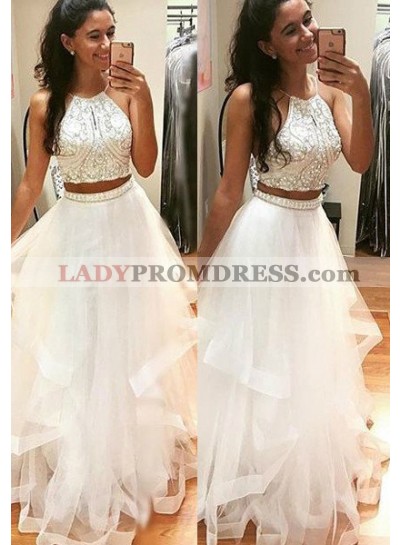 2023 Unique White Beading A-Line/Princess Tulle Two Pieces Prom Dresses