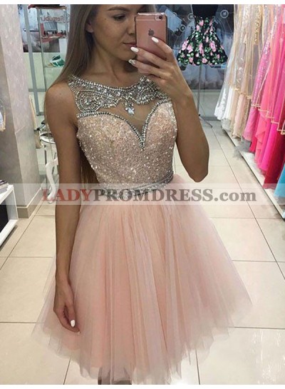 A-Line Princess Sleeveless Scoop Beading Short Tulle Dresses