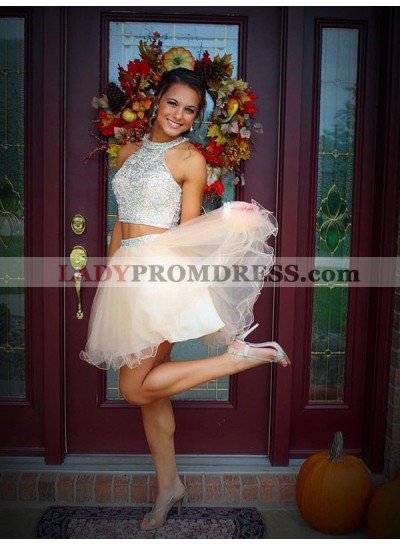 A-Line Princess Scoop Beading Sleeveless Short Tulle Two Piece Homecoming Dresses