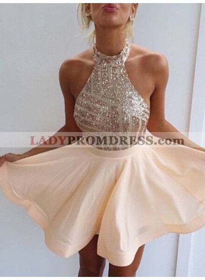 A-Line Princess Sleeveless Halter Beading Satin Short Homecoming Dresses