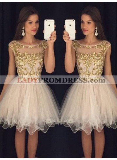 A-Line Princess Sleeveless Scoop Paillette Tulle Short Homecoming Dresses
