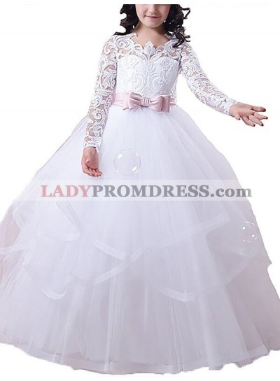 Ball Gown Jewel Long Sleeves Lace Floor-Length Tulle First Communion Dresses / Flower Girl Dresses 2023COMM-7294