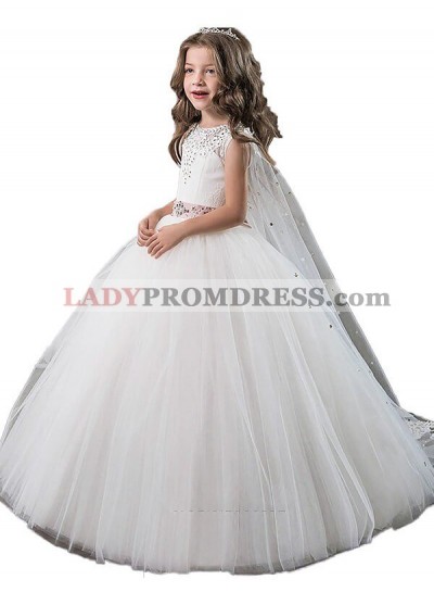 Ball Gown Jewel Sleeveless Beading Floor-Length Tulle First Communion Dresses / Flower Girl Dresses