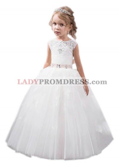 Ball Gown Jewel Sleeveless Crystal Floor-Length Tulle First Communion Dresses / Flower Girl Dresses