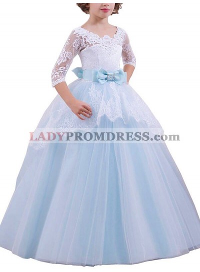 Ball Gown Jewel 1/2 Sleeves Lace Floor-Length Tulle Flower Girl Dresses