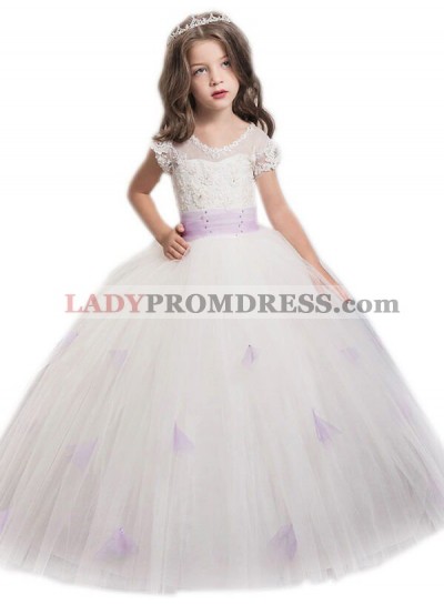Ball Gown Jewel Short Sleeves Sash/Ribbon/Belt Floor-Length Tulle First Communion Dresses / Flower Girl Dresses